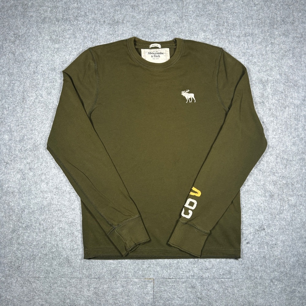 Abercrombie & Fitch T Shirt Mens Medium Green Muscle Fit Moose Logo long sleeve